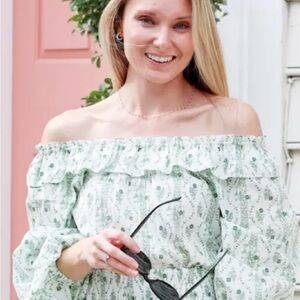 Hill House Small Floral Off-Shoulder Top Green peasant poplin classic summer NEW